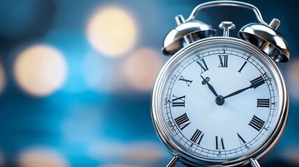 Aufkleber - Close-up of a classic silver alarm clock with roman numerals on a blurred blue background, suggesting a time management or deadline concept. : Generative AI