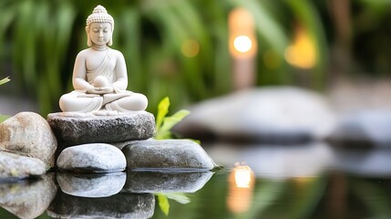 Poster - Serene buddha statue meditates peacefully on grey rocks beside a tranquil pond, reflecting in calm water with soft green foliage background. : Generative AI
