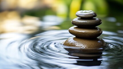 Poster - Serene Stack of Wet Stones Floating Gently in Calm Water, a Peaceful Zen Garden Scene with Blurred Green Background : Generative AI