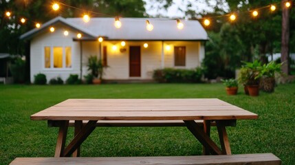 Poster - Wooden picnic table illuminating backyard dining under string lights