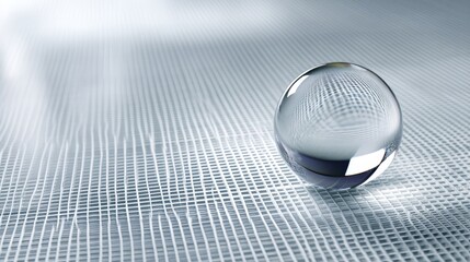 Fototapete - A glossy chrome orb rests on a textured grid floor, illuminated by soft studio lighting, with a smooth reflective surface enhancing visual depth and interest