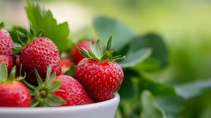 Aufkleber - Close-up of fresh, ripe strawberries in a white bowl, nestled amongst vibrant green leaves, suggesting a garden setting and natural sweetness. : Generative AI
