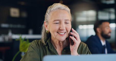 Aufkleber - Business woman, phone call and laptop for discussion, mature journalist with communication and article info. Mobile contact, online review or feedback with lead for story or research with smile