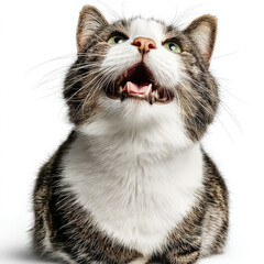 Aufkleber - A playful tabby cat with white chest fur mouth open in a joyful meow looking upward against a pure white background.  The cat's green eyes are wide and expressive showcasing a happy an : Generative AI