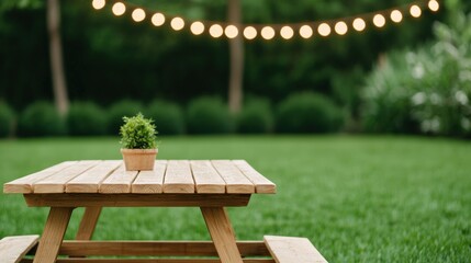 Aufkleber - Wooden picnic table creating an inviting backyard atmosphere under string lights