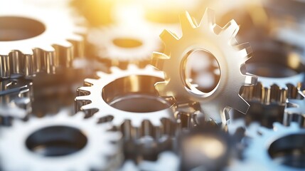 Aufkleber - Close-up view of metallic gears interlocked, showcasing intricate details and a warm, golden light illuminating the scene.  The image evokes themes of precision engineering and complex : Generative AI