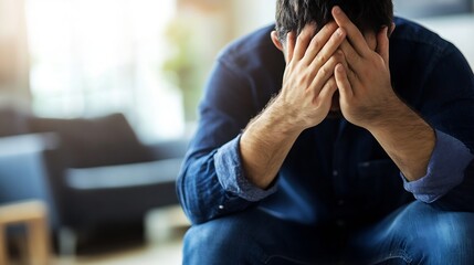 Fototapete - A young man sits alone, head in hands, expressing deep sadness and despair in a dimly lit room.  His posture conveys hopelessness and emotional distress. : Generative AI