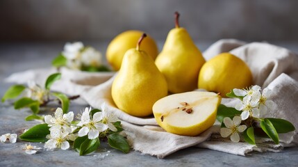 Leinwandbilder - Delicate pear blossoms and ripe pears rest on a rustic linen cloth, illuminated by warm spring sunlight. Nature's beauty comes alive in this fresh arrangement