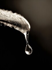 Leinwandbilder - A single, glistening water droplet hangs precariously, poised to fall from a surface textured with numerous smaller droplets, creating a dramatic contrast against a dark background. : Generative AI