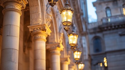 Poster - Elegant antique lanterns illuminate a row of classical columns at dusk, casting a warm glow on the ornate stone facade of a grand building. : Generative AI