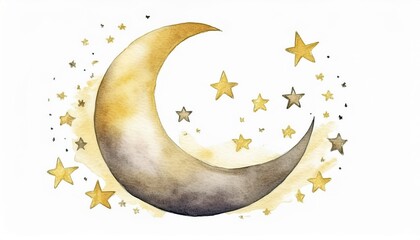 Poster - watercolor crescent moon with stars ramadan graphic for branding and digital design