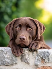 Poster - Adorable chocolate labrador puppy rests paws on stone wall, gazing intently with big brown eyes against a blurred green background, showcasing its sweet and gentle nature. : Generative AI