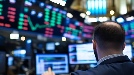 Fototapete - A stockbroker intently monitors financial data displayed on numerous screens in a bustling trading floor environment, showcasing the dynamic nature of the stock market. : Generative AI