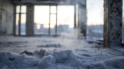 Poster - Frozen, abandoned building interior with snow covering the floor, soft sunlight through blurry windows, and a slight steam or mist rising from the ground. : Generative AI