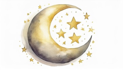 Poster - watercolor crescent moon with stars ramadan graphic for branding and digital design