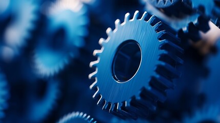 Aufkleber - Close-up view of intricately detailed blue metal gears, showcasing precision engineering and mechanical complexity.  The image evokes themes of industry, technology, and seamless opera : Generative AI
