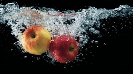 Poster - Bright red and yellow apples dive into dark water, creating striking splashes and rising bubbles, showcasing a dynamic and energetic composition with copy space
