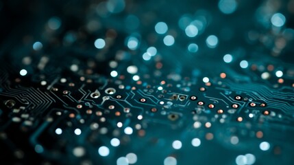 Aufkleber - Close-up view reveals a glowing cyan circuit design on a sleek black surface, enhanced by subtle bokeh lights, perfect for modern digital projects