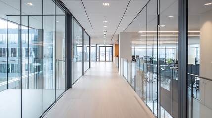 Poster - Modern office hallway with glass walls and light beige flooring, offering a view of contemporary workspace and city buildings. : Generative AI