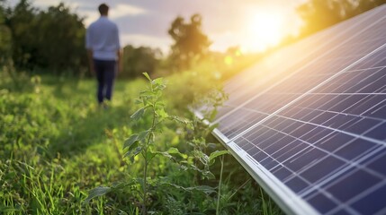 Aufkleber - Man walking in a field near solar panels at sunset, showcasing renewable energy and sustainable living in a natural environment. : Generative AI