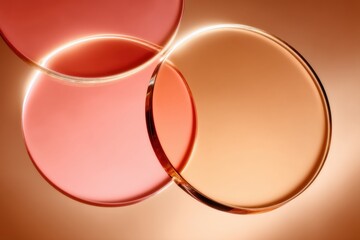 Poster - Abstract image of intersecting glowing circles on a warm gradient background with soft lighting and reflections.