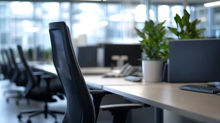Poster - Modern office workspace with ergonomic chairs, computers, and plants, showcasing a sleek and professional environment. : Generative AI
