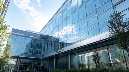 Poster - Modern glass office building reflecting blue sky and clouds, showcasing contemporary architecture and urban landscape design. : Generative AI