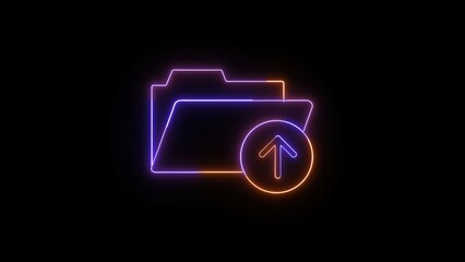 Poster - Neon folder upload icon on a black background illustrating digital data transfer and cloud storage concepts. this represents data uploading and file organization.