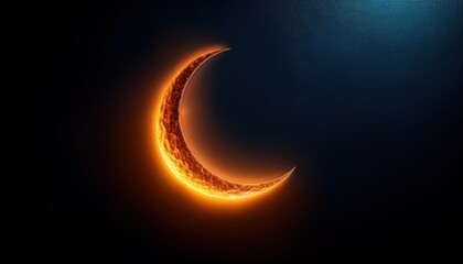 Poster -  glowing crescent moon with fiery texture on dark background for ramadan themed web design, digital art, print media, and islamic branding graphics