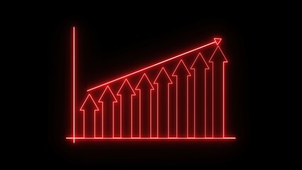 Poster - Abstract neon business graph showing upward growth illustrated with red arrows on a dark background represents financial progress and success