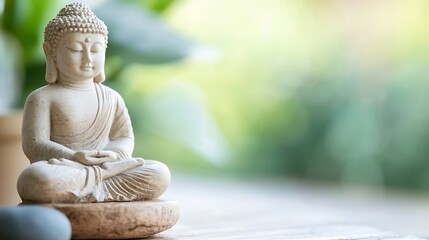 Leinwandbilder - Serene Buddha statue meditating, peaceful pose, light beige color, sits on a stone base against a blurred green garden background.  Spiritual, mindfulness, tranquility concept. : Generative AI