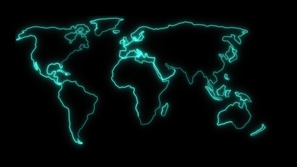 Poster - Glowing world map outline in vibrant cyan color on a black background depicting continents and countries representing global concepts
