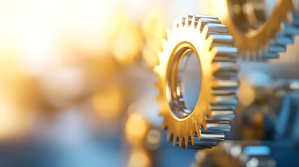 Aufkleber - Close-up of metallic gears intermeshing, showcasing intricate detail and a warm, golden light against a blurred blue and orange background. : Generative AI
