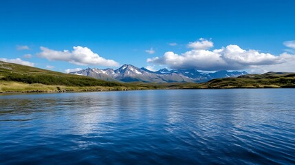 Aufkleber - Serene mountain lake reflecting a vibrant blue sky, with lush green hills and snow-capped peaks under a partly cloudy sky. : Generative AI