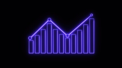 Poster - Neon chart bar graph with trending line illustrating financial data trends and business success visualization on black background