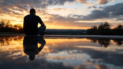 Poster - Silhouette of a man sitting by a pool at sunset, reflecting in the still water, enjoying the serene view of a colorful sky and distant landscape. : Generative AI