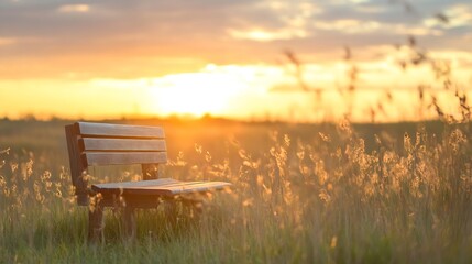 Poster - Wooden bench sits alone in tall grass at sunset, bathed in golden light, peaceful and serene scene. : Generative AI