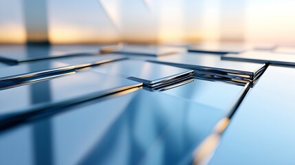 Fototapete - Abstract chrome plates reflecting sunset, creating a modern and sleek geometric pattern.  The image evokes feelings of technology, luxury, and innovation. : Generative AI