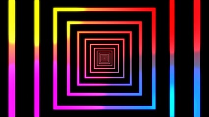Poster - Geometric neon tunnel abstract with vibrant colorful squares creating depth and perspective against a black background futuristic design element for digital art.