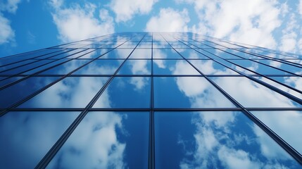 Poster - Modern skyscraper facade reflecting a vibrant blue sky and fluffy white clouds, showcasing architectural design and glass panels. : Generative AI