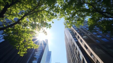 Poster - Sunlight streams through lush green leaves, illuminating modern skyscrapers reaching towards a vibrant blue sky, creating a striking contrast between nature and urban architecture. : Generative AI