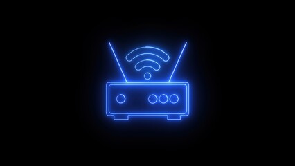 Poster - Neon blue glowing wi-fi router icon isolated on a black background representing wireless communication and internet connectivity in a stylish modern design.