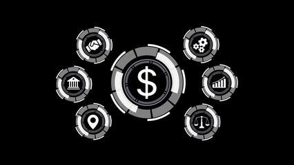 Poster - Futuristic financial and business icons illustrating key concepts with dollar symbol as central hub.