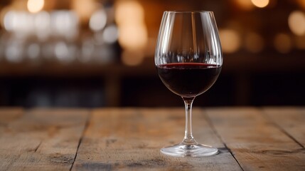 Aufkleber - A glass of red wine sits on a rustic wooden table, the background softly blurred with warm lighting and the suggestion of a bar or restaurant setting. : Generative AI