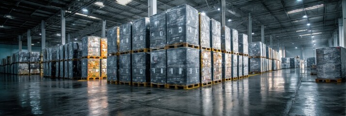 Poster - Warehouse Filled With Stacked Pallets Wrapped in Plastic Showcasing Organized Storage of Goods in a Large Facility Generative AI
