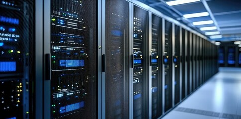 Poster - Dimly lit aisle between server cabinets in a high security data center, featuring blue and green indicators for secure networking, ideal for IT infrastructure themes