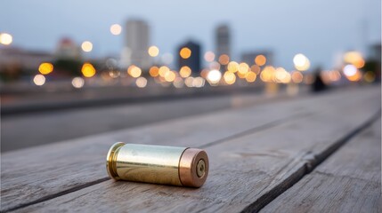Poster - Metallic bullet rests on a wooden surface with vibrant city lights creating a colorful bokeh effect behind. This low-angle shot offers a unique perspective