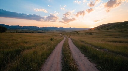 Poster - Serene sunset over vast grassland landscape, a dirt road winds towards distant mountains under a pastel sky, evoking tranquility and adventure. : Generative AI