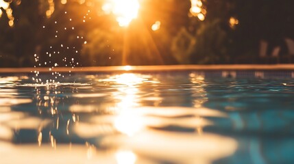 Poster - Golden sunset light reflecting on a swimming pool's surface, water droplets creating ripples and shimmering patterns, tranquil summer evening scene. : Generative AI