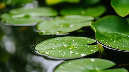 Aufkleber - Close-up view of several vibrant green lily pads floating on dark water, adorned with glistening water droplets, creating a serene and tranquil scene. : Generative AI